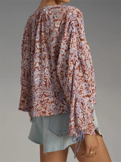 Floral Tie-Up Flare Sleeve Boho Blouse