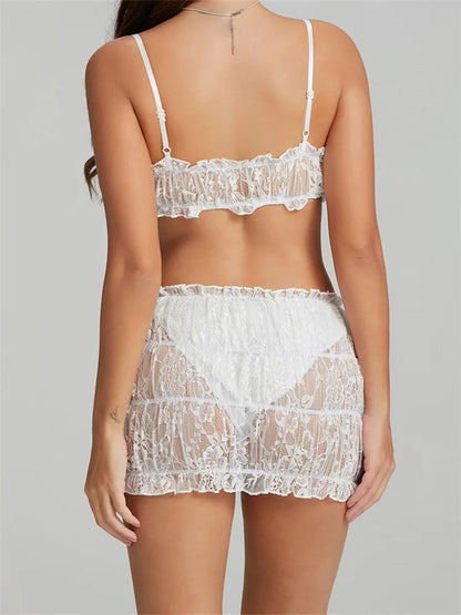 Bowknot Spaghetti Strap Sleeveless Lace Camis Crop Top with Mini Skirt Set