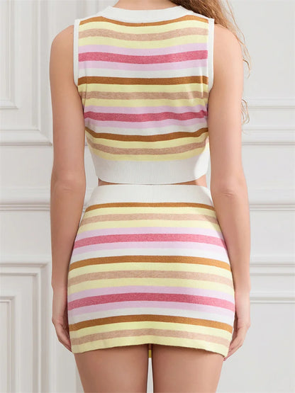 Striped Round Neck Sleeveless Cropped Tank Top with Mini Skirt Set
