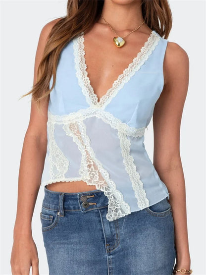 Asymmetrical Lace Trim Deep V-neck Slim Crop Top