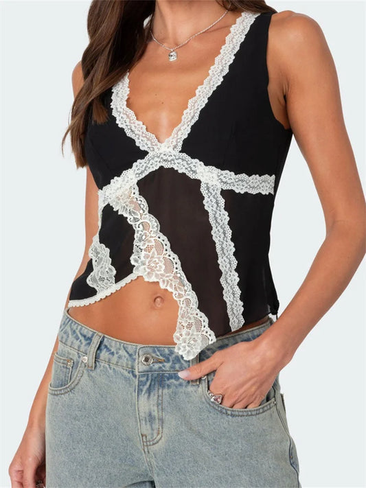 Asymmetrical Lace Trim Deep V-neck Slim Crop Top