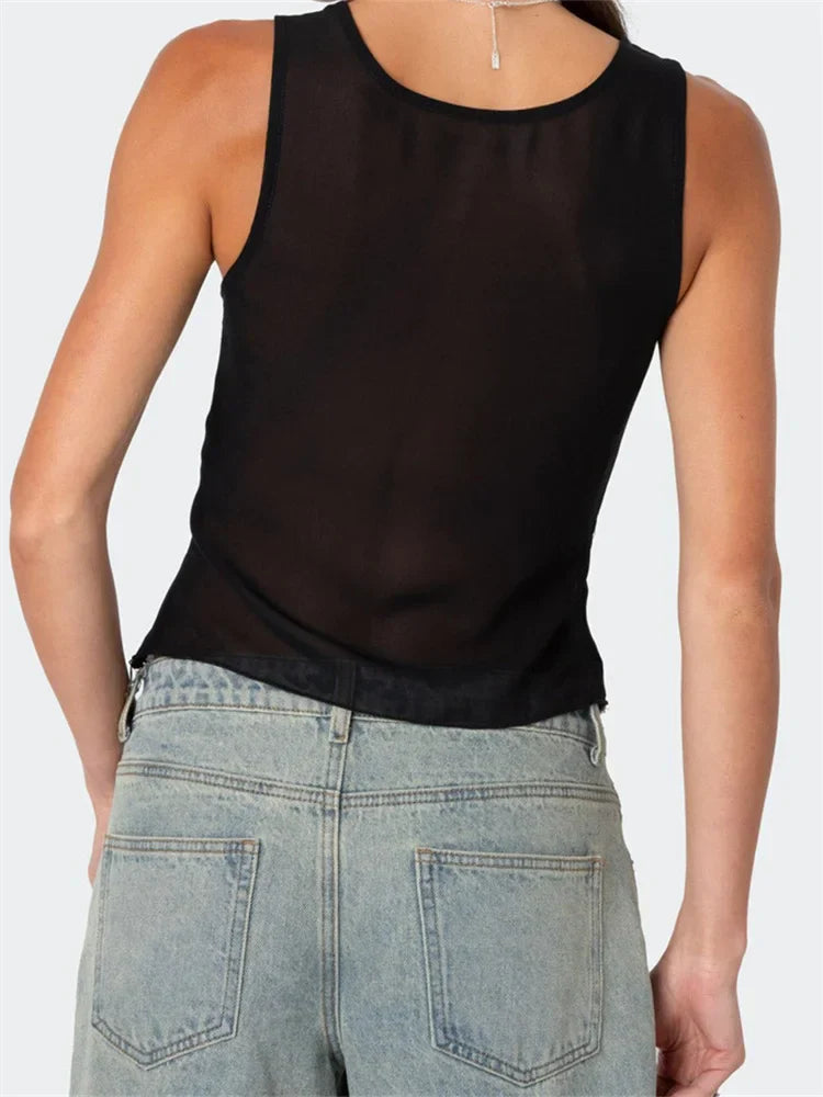 Asymmetrical Lace Trim Deep V-neck Slim Crop Top