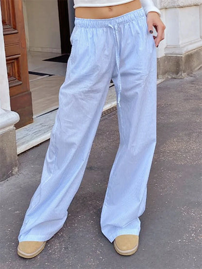 Striped Drawstring Loose Straight Summer Pant
