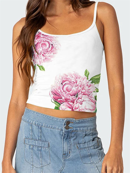 Floral Backless Spaghetti Strap Retro Crop Top