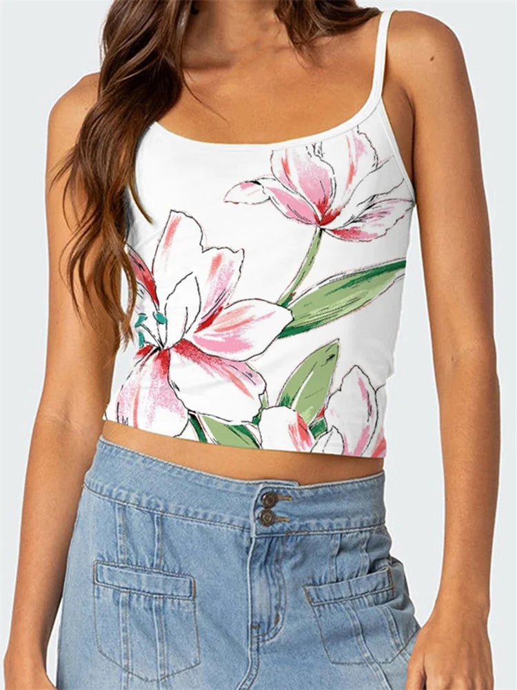 Floral Backless Spaghetti Strap Retro Crop Top