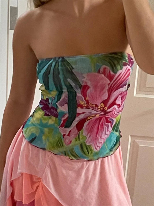 Flower Print Strapless Backless Tube Crop Top