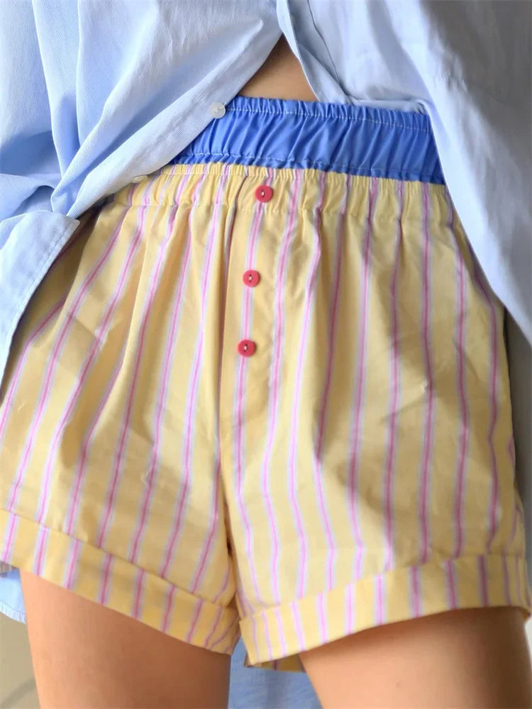 Patchwork Striped Elastic Waist Short