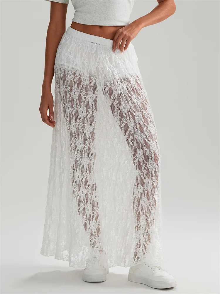 Fall Long Maxi Skirt Elastic Waist Lace Floral Casual Skirt