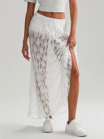 Fall Long Maxi Skirt Elastic Waist Lace Floral Casual Skirt