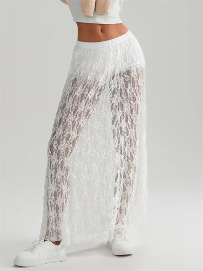 Fall Long Maxi Skirt Elastic Waist Lace Floral Casual Skirt