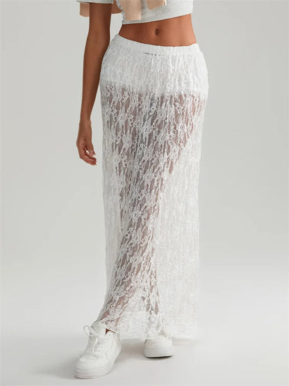 Fall Long Maxi Skirt Elastic Waist Lace Floral Casual Skirt