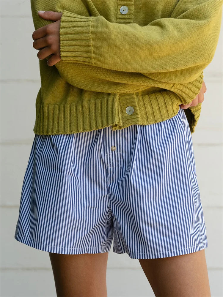 Striped Button High Waist Short