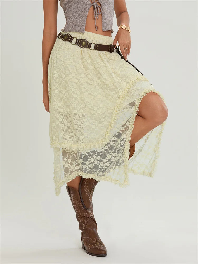 Midi Lace Floral Irregular Hem Elastic Waist Summer Skirt