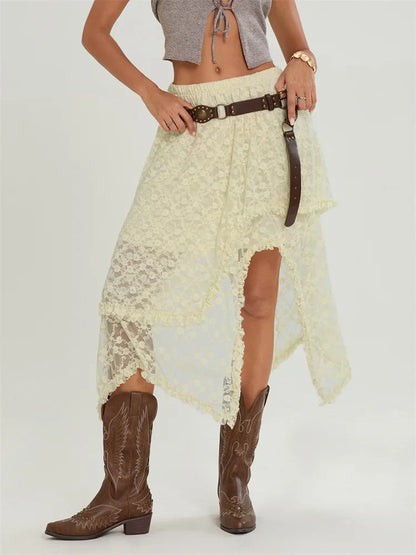 Midi Lace Floral Irregular Hem Elastic Waist Summer Skirt