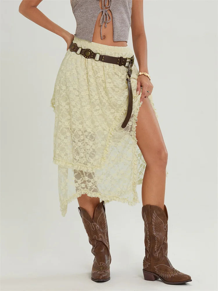 Midi Lace Floral Irregular Hem Elastic Waist Summer Skirt