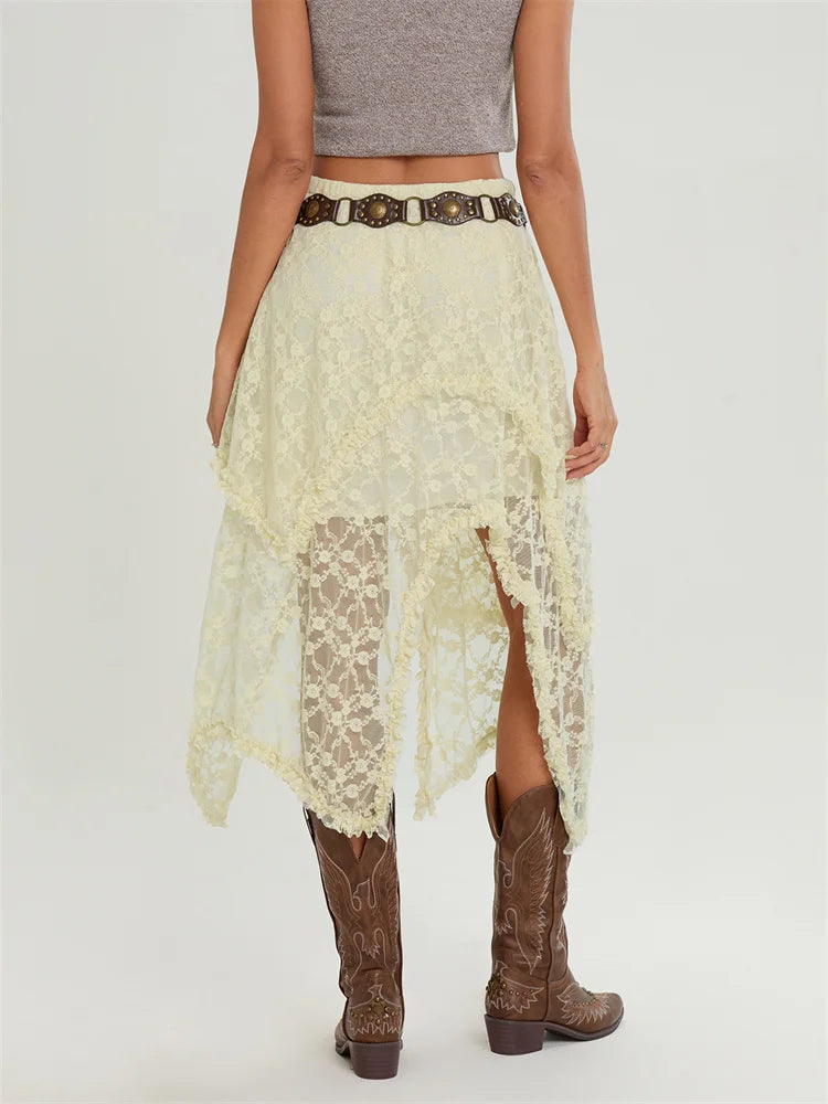 Midi Lace Floral Irregular Hem Elastic Waist Summer Skirt