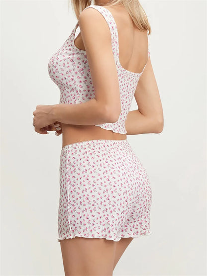Floral Print Sleeveless Square Neck Camis Crop Top with Shorts Pajama Set