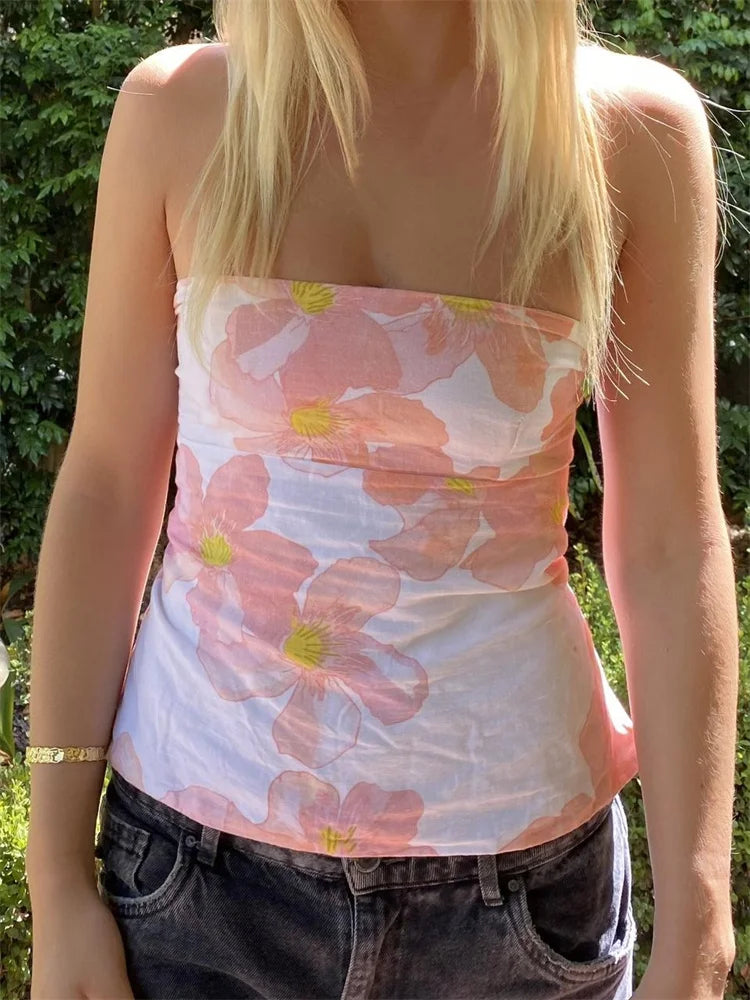 Floral Strapless Backless Party Club Crop Top