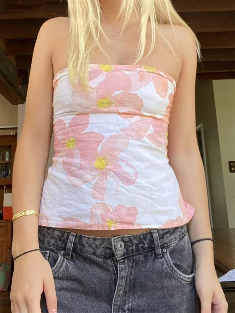 Floral Strapless Backless Party Club Crop Top