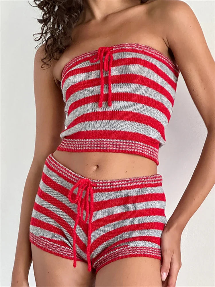 Knitted Striped Off Shoulder Crop Tube Top with Drawstring Shorts Set