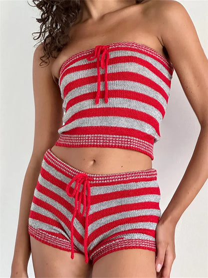 Knitted Striped Off Shoulder Crop Tube Top with Drawstring Shorts Set