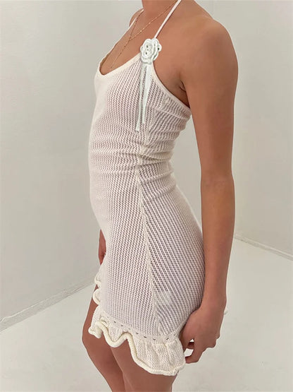 Knitted Flower Ruffled Mini Dress