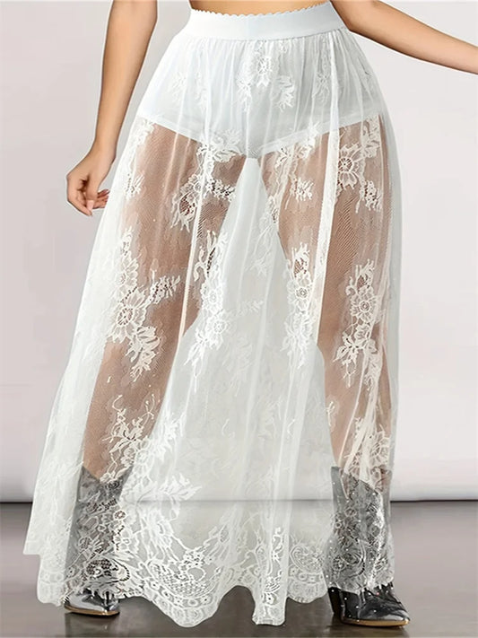 Lace Floral Long Maxi Skirt Solid Mesh Built-in Shorts Skirt