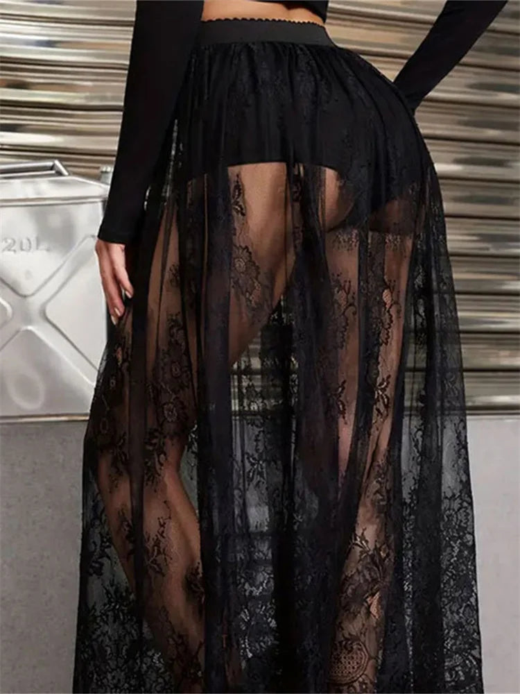 Lace Floral Long Maxi Skirt Solid Mesh Built-in Shorts Skirt