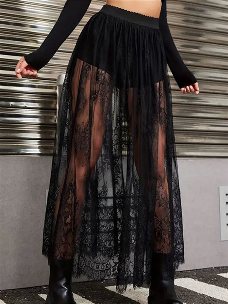 Lace Floral Long Maxi Skirt Solid Mesh Built-in Shorts Skirt