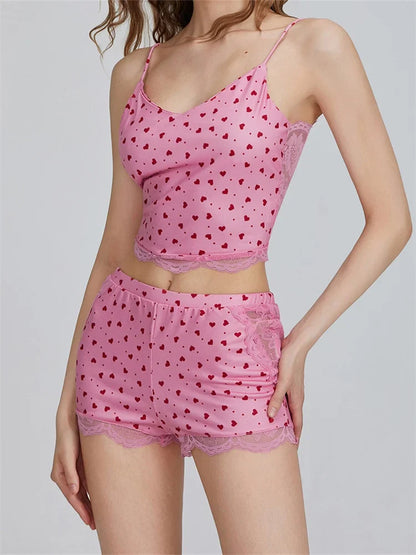 Lace Patchwork Heart Print Camis Crop Top with Casual Shorts Pajama Set