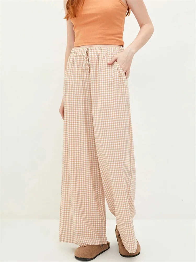 Plaid High-Waisted Drawstring Wide Leg Streetwear Pant