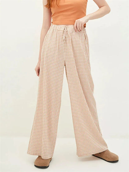 Plaid High-Waisted Drawstring Wide Leg Streetwear Pant