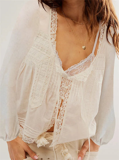 Lace Patchwork Button Tie-Up Blouse