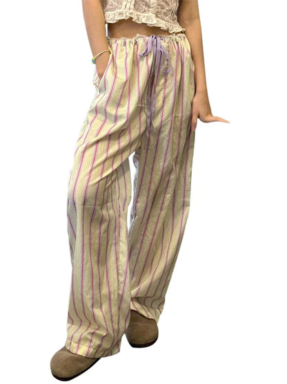 Striped Ruffles Drawstring Elastic Waist Casual Pant
