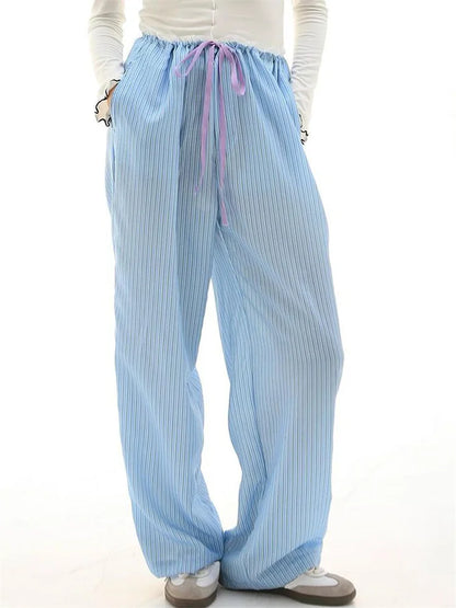 Striped Ruffles Drawstring Elastic Waist Casual Pant