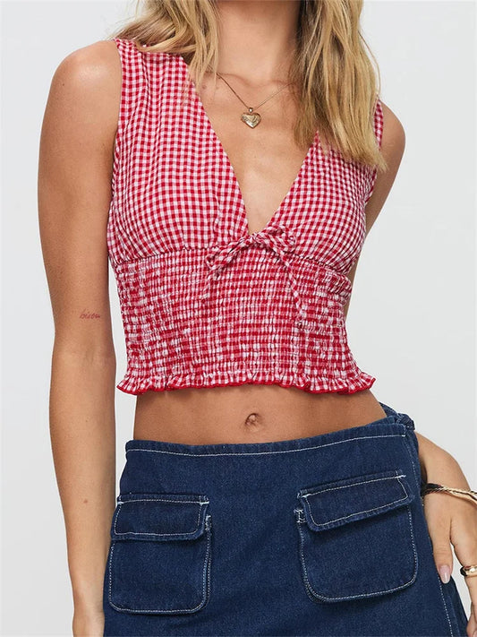 Plaid Bow Ruffle Hem Deep V-neck Crop Top