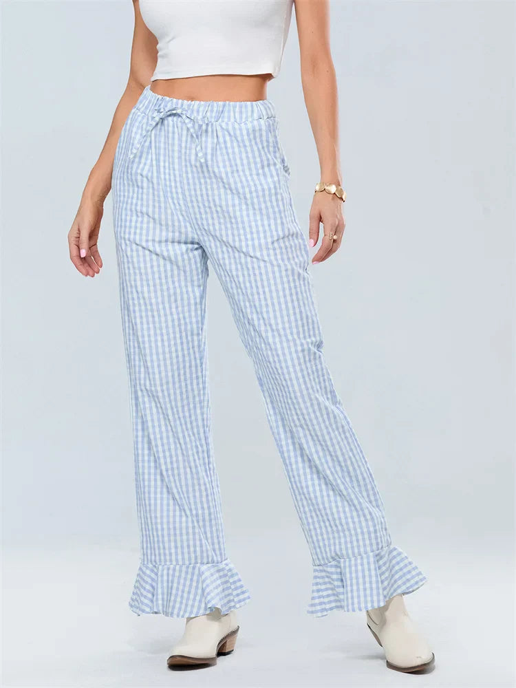 Plaid Flared Drawstring High Waist Casual Pant