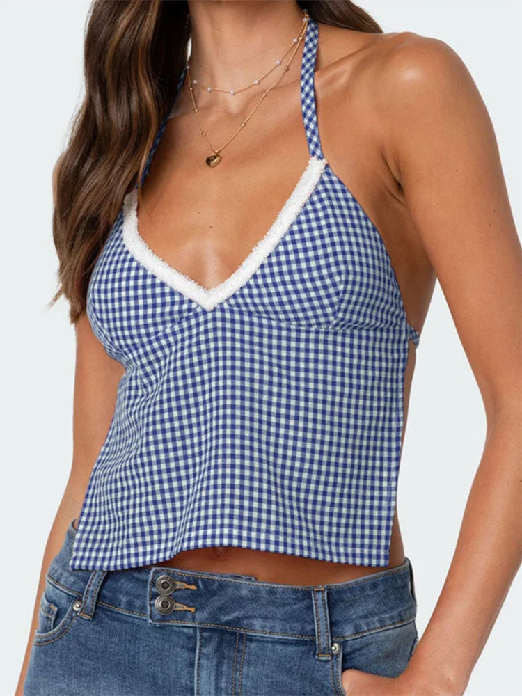 Plaid Halter Backless Deep V-neck Crop Top