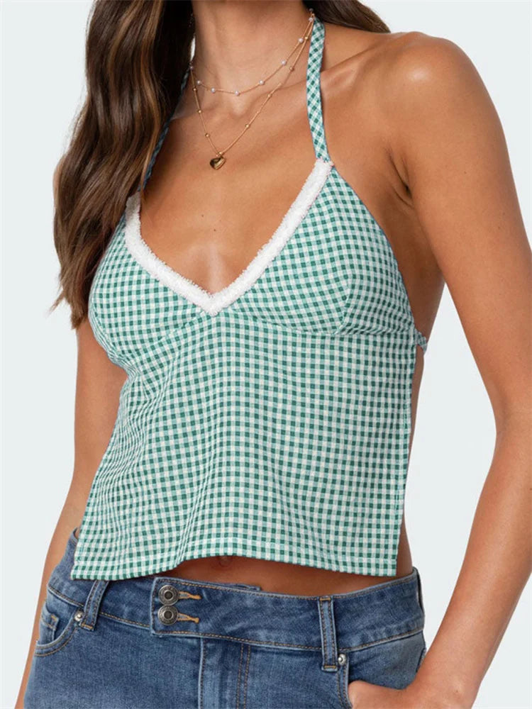 Plaid Halter Backless Deep V-neck Crop Top