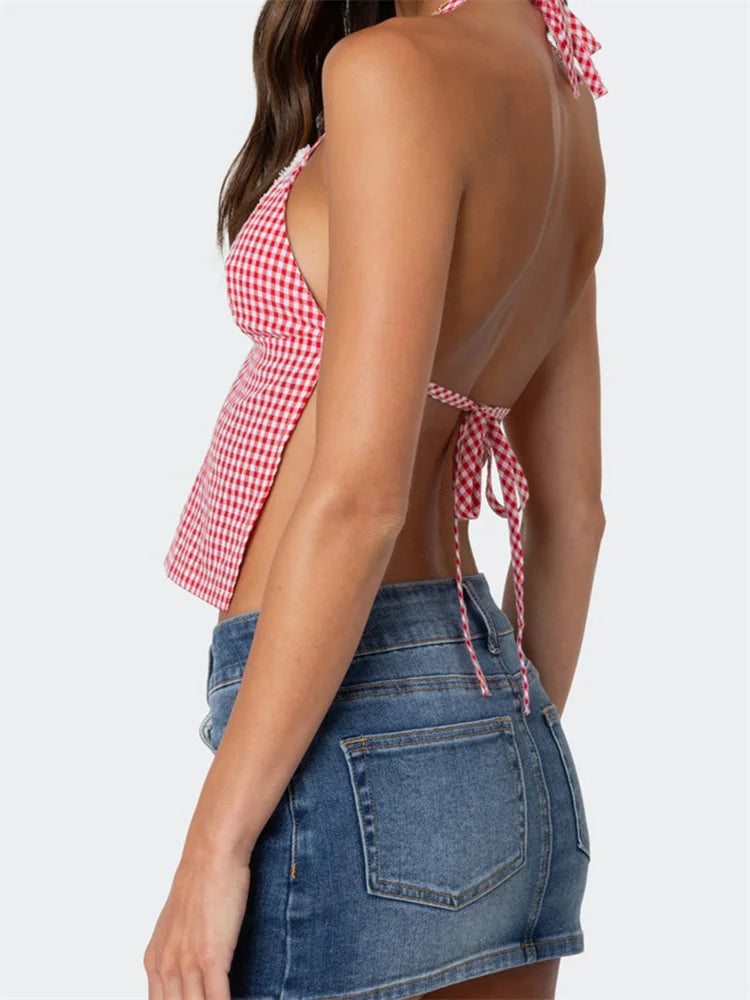 Plaid Halter Backless Deep V-neck Crop Top