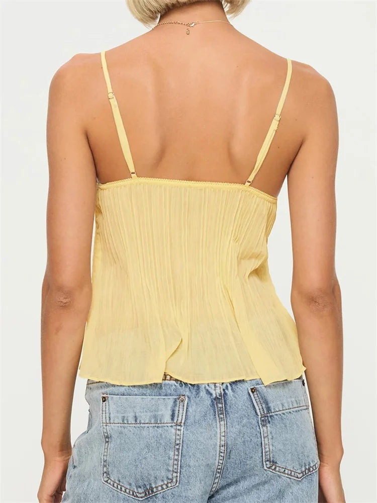Pleated Bowknot Lace See-through Crop Top