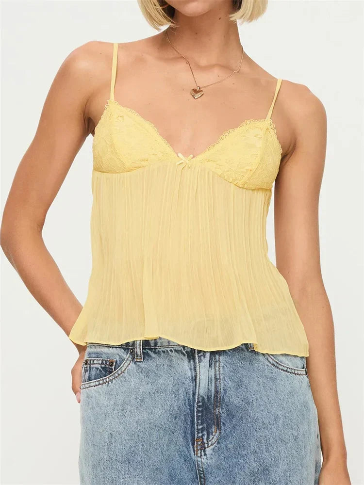 Pleated Bowknot Lace See-through Crop Top