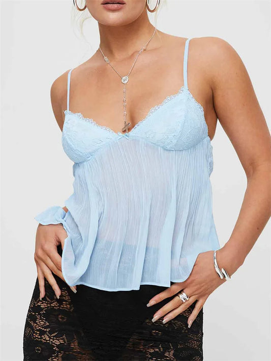 Pleated Bowknot Lace See-through Crop Top