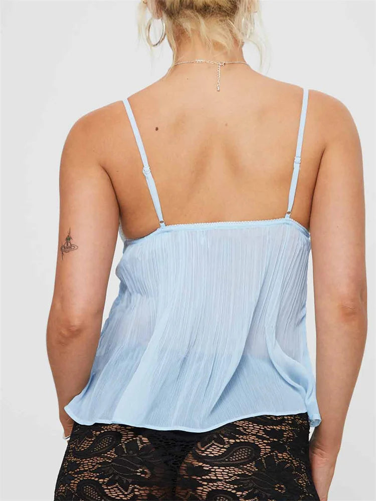 Pleated Bowknot Lace See-through Crop Top