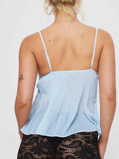 Pleated Bowknot Lace See-through Crop Top