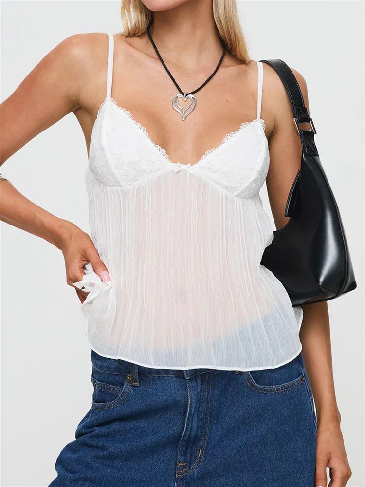 Pleated Bowknot Lace See-through Crop Top