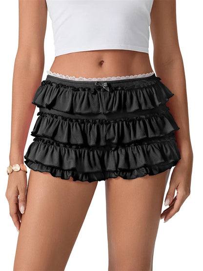 Ruched Lace Tiered Ruffled Short