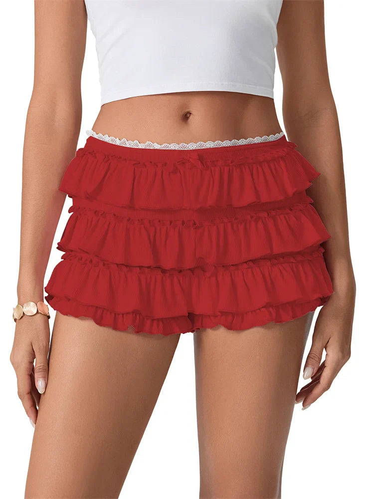 Ruched Lace Tiered Ruffled Short