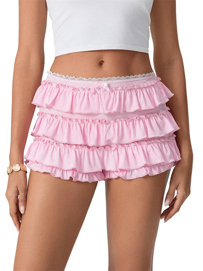 Ruched Lace Tiered Ruffled Short