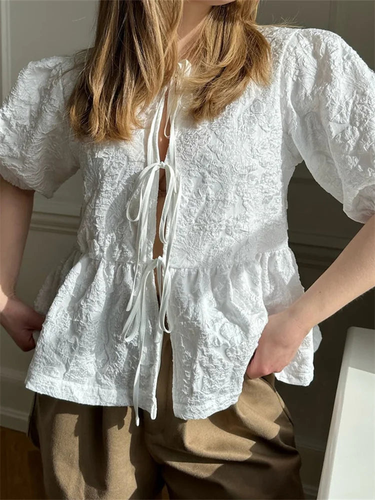 Flower Ruched Front Tie-Up Blouse